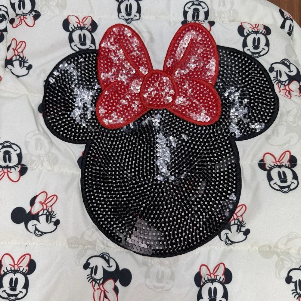 Disney Junior Minnie Mouse Hooded Puffer Jacket White Sherpa Sequin M Size 4T
